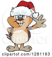 Clipart Of A Friendly Waving Chipmunk Wearing A Christmas Santa Hat Royalty Free Vector Illustration by Dennis Holmes Designs