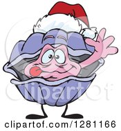 Clipart Of A Friendly Waving Clam Wearing A Christmas Santa Hat Royalty Free Vector Illustration