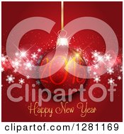 Poster, Art Print Of Happy New Year 2015 Greeting With A Suspended Bauble Over Red And Snowflakes