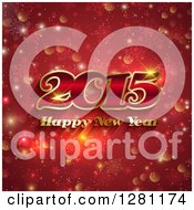 Clipart Of A Gold Happy New Year 2015 Greeting Over Red Snowflakes Stars And Bokeh Flares Royalty Free Vector Illustration