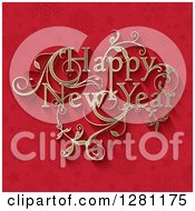 Floral Ornate Golden Happy New Year Greeting Over Red Snowflakes And Stars
