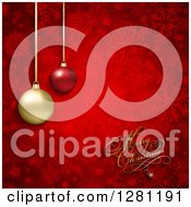 Clipart Of A Merry Christmas Greeting With 3d Suspended Baubles Over Red Stars And Snowflakes Royalty Free Vector Illustration