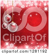 Poster, Art Print Of 3d Christmas Baubles Suspended Over Red Stars And Snowflakes With White Sparkles