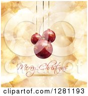 Merry Christmas Greeting Under 3d Suspended Red Snowflakebaubles Over Gold Geometric Shapes And Stars