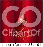 Clipart Of A Merry Christmas Greeting Under A 3d Suspended Bauble Over Red Snowflakes Royalty Free Vector Illustration
