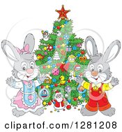 Poster, Art Print Of Cute Gray Festive Rabbits By A Christmas Tree