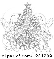 Poster, Art Print Of Black And White Cute Festive Rabbits By A Christmas Tree