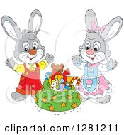 Poster, Art Print Of Cute Gray Festive Rabbits By A Christmas Sack