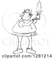 Cartoon Clipart Of A Black And White Chubby Male Viking Holding Up A Short Sword Royalty Free Vector Illustration by djart