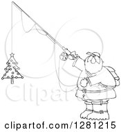 Poster, Art Print Of Black And White Chubby Santa Holding A Christmas Tree On A Fishing Hook