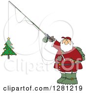 Poster, Art Print Of Chubby Santa Holding A Christmas Tree On A Fishing Hook