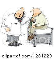 Cartoon Clipart Of A Chubby Caucasian Male Doctor Listening To A Male Patients Heart Royalty Free Vector Illustration by djart