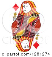 Poster, Art Print Of Borderless Red Black And Yellow Queen Of Diamonds Playing Card