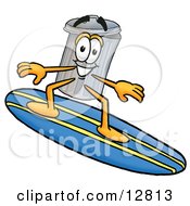 Garbage Can Mascot Cartoon Character Surfing On A Blue And Yellow Surfboard by Mascot Junction