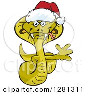Clipart Of A Friendly Waving Cobra Wearing A Christmas Santa Hat Royalty Free Vector Illustration