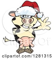 Poster, Art Print Of Friendly Waving Holstein Cow Wearing A Christmas Santa Hat