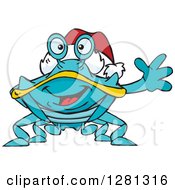 Poster, Art Print Of Friendly Waving Blue Crab Wearing A Christmas Santa Hat
