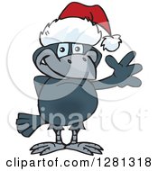 Clipart Of A Friendly Waving Crow Wearing A Christmas Santa Hat Royalty Free Vector Illustration