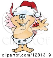 Clipart Of A Friendly Waving Cupid Wearing A Christmas Santa Hat Royalty Free Vector Illustration
