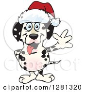 Poster, Art Print Of Friendly Waving Dalmatian Dog Wearing A Christmas Santa Hat