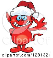 Clipart Of A Friendly Waving Devil Wearing A Christmas Santa Hat Royalty Free Vector Illustration