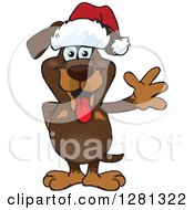 Poster, Art Print Of Friendly Waving Dachshund Dog Wearing A Christmas Santa Hat