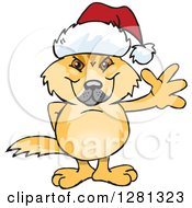 Friendly Waving Dingo Wearing A Christmas Santa Hat