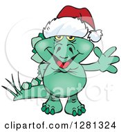 Poster, Art Print Of Friendly Waving Stegosaur Dinosaur Wearing A Christmas Santa Hat