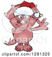 Poster, Art Print Of Friendly Waving Triceratops Dinosaur Wearing A Christmas Santa Hat