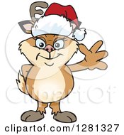 Poster, Art Print Of Friendly Waving Doe Deer Wearing A Christmas Santa Hat