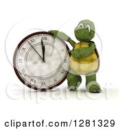 Poster, Art Print Of 3d Tortoise Leaning On And Pointing To A New Year Wall Clock Nearing Midnight