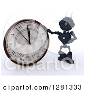 Poster, Art Print Of 3d Blue Android Robot Pointing To And Leaning On A New Year Wall Clock Approaching Midnight