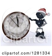 Poster, Art Print Of 3d Blue Android Robot Wearing A Santa Hat And Pointing To And Leaning On A New Year Wall Clock Approaching Midnight