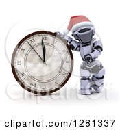 Poster, Art Print Of 3d Silver Robot Pointing To And Leaning On A New Year Wall Clock Approaching Midnight
