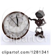 Poster, Art Print Of 3d Red Android Robot Pointing To And Leaning On A New Year Wall Clock Approaching Midnight