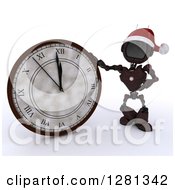 Poster, Art Print Of 3d Red Android Robot Wearing A Santa Hat And Pointing To And Leaning On A New Year Wall Clock Approaching Midnight