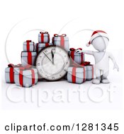 Poster, Art Print Of 3d White Man Wearing A Santa Hat Standing With Gifts Around A New Year Clock Approaching Midnight
