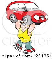 Cartoon Caucasian Happy Strong Man Lifting A Car Over His Head