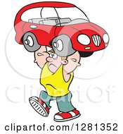 Poster, Art Print Of Cartoon Caucasian Struggling Strong Man Lifting A Car Over His Head