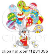 Poster, Art Print Of Happy Gray Easter Bunny Rabbit Boy Walking With Party Balloons