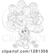 Poster, Art Print Of Happy Black And White Bunny Rabbit Boy Walking With Easter Party Balloons