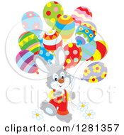 Poster, Art Print Of Happy Gray Bunny Rabbit Boy Walking With Easter Party Balloons