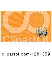 Clipart Of A Retro Knight Working Out With A Barbell And Orange Rays Background Or Business Card Design Royalty Free Illustration