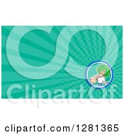 Clipart Of A Cartoon Landscaper Carrying A Tree And Green Rays Background Or Business Card Design Royalty Free Illustration