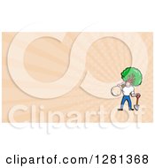 Cartoon Landscaper Carrying A Tree And Peach Rays Background Or Business Card Design