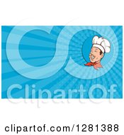 Clipart Of A Cartoon Happy Male Chef And Blue Rays Background Or Business Card Design Royalty Free Illustration