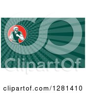 Clipart Of A Retro American Football Player Running In A Circle And Teal Rays Background Or Business Card Design Royalty Free Illustration