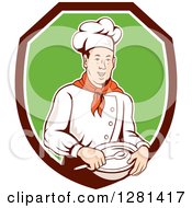 Retro Male Chef Holding A Bowl And Spoon In A Brown White And Green Shield