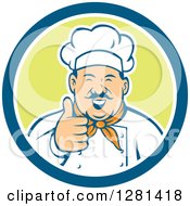 Clipart Of A Retro Happy Male Chef With A Mustache Holding A Thumb Up In A Blue White And Green Circle Royalty Free Vector Illustration