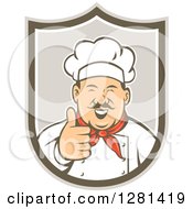 Clipart Of A Retro Happy Male Chef With A Mustache Holding A Thumb Up In A Taupe And Brown Shield Royalty Free Vector Illustration